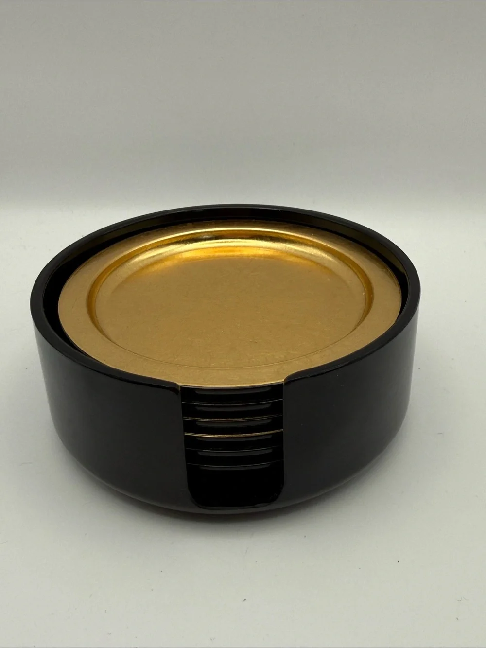 Vintage Nancy Calhoun Designs Japan Black Gold Lacquer Coasters Set of 6 Holder
